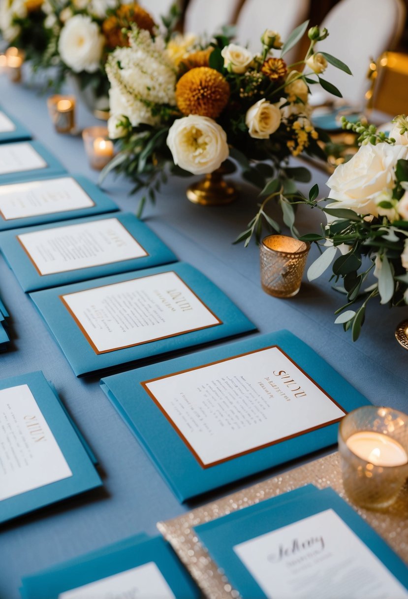 Dusty blue wedding programs with burnt sienna headers lay neatly arranged on a table, surrounded by coordinating decor and floral arrangements