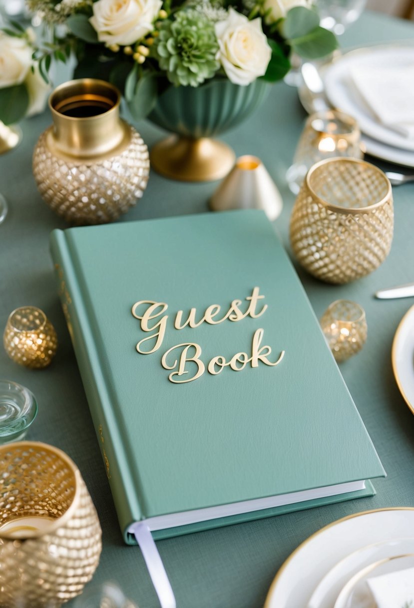 A sage green guest book with gold lettering sits on a table surrounded by sage green and gold wedding decor