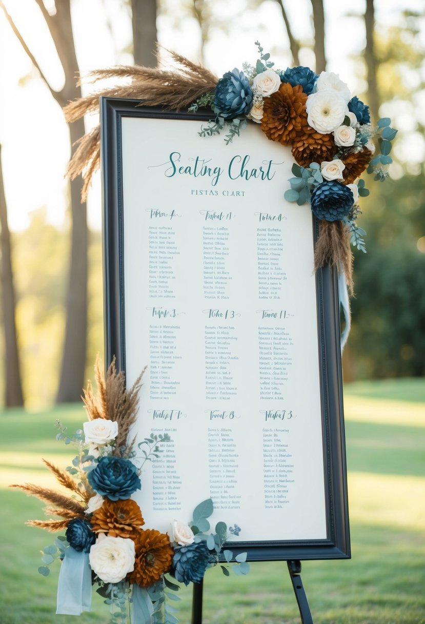 A seating chart adorned with burnt sienna and dusty blue floral elements for a wedding