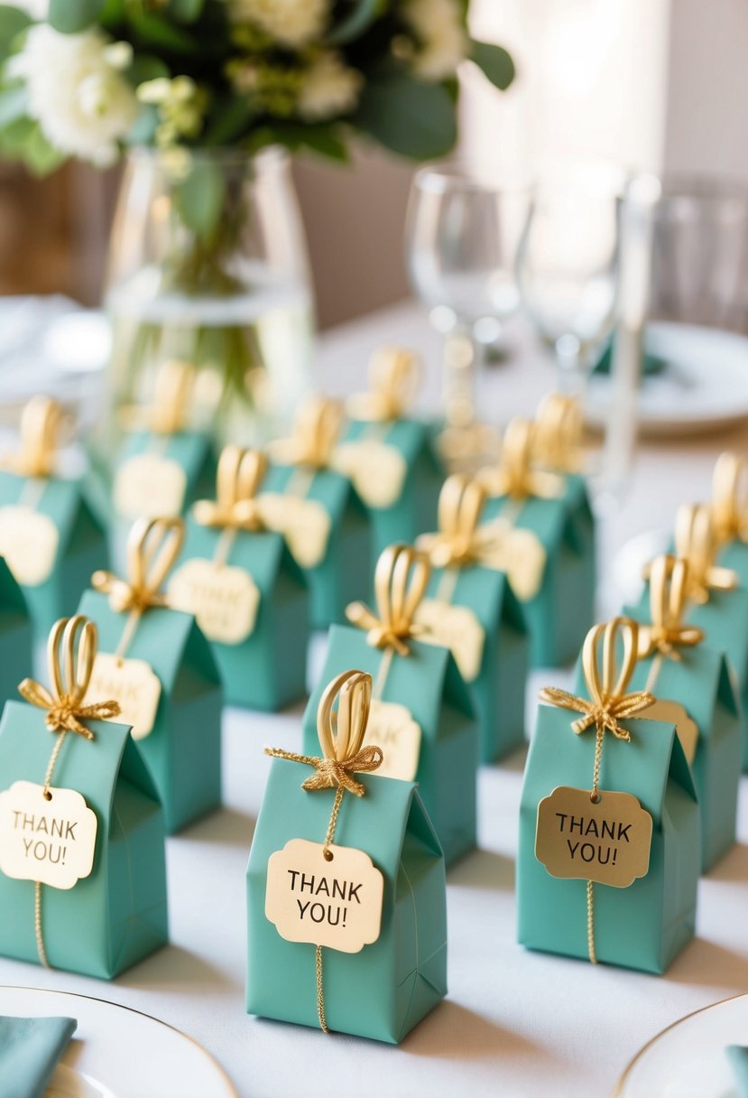 Sage green wedding favors adorned with golden thank you tags arranged on a table