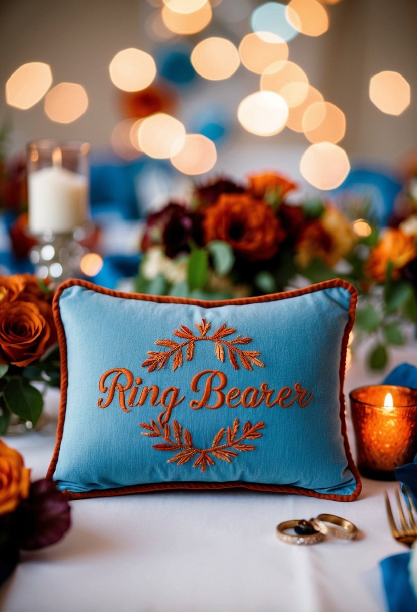 A dusty blue ring bearer pillow with burnt sienna embroidery sits on a table, surrounded by burnt sienna and dusty blue wedding decor