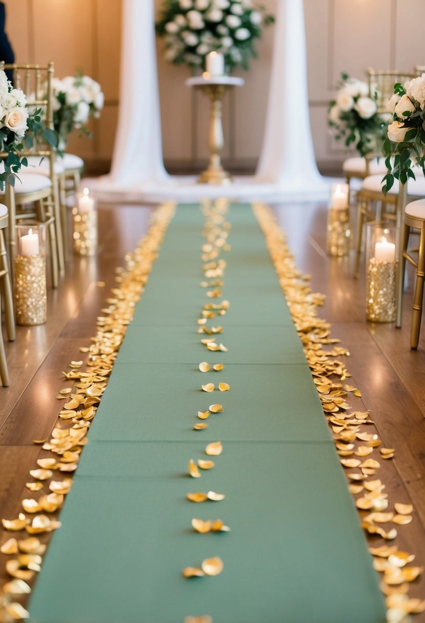 A sage green aisle runner adorned with golden petals leads to an elegant wedding altar