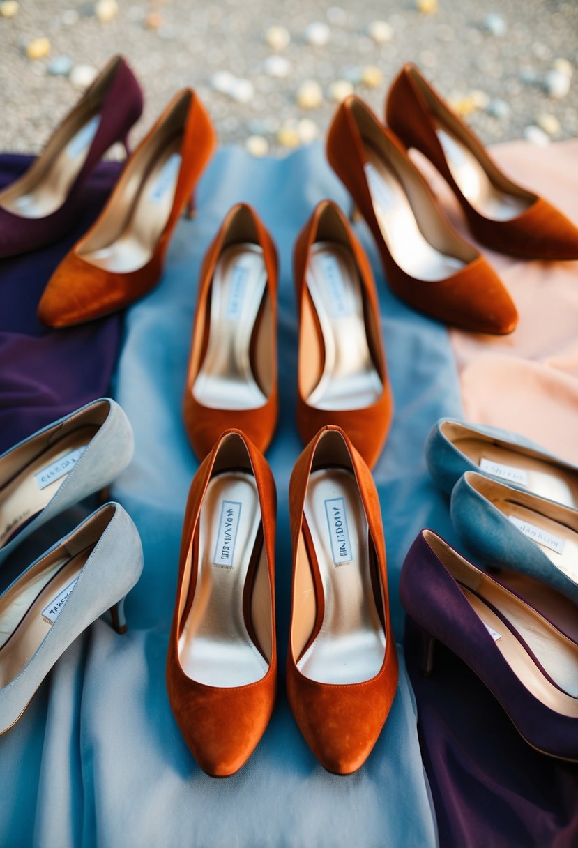 Burnt sienna bridesmaid shoes with dusty blue heels arranged in a wedding color palette