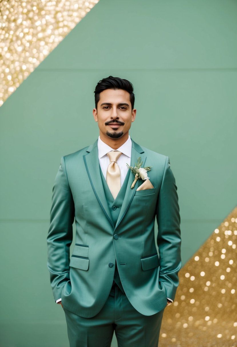 A groom in a sage suit with a gold tie stands against a sage green and gold backdrop