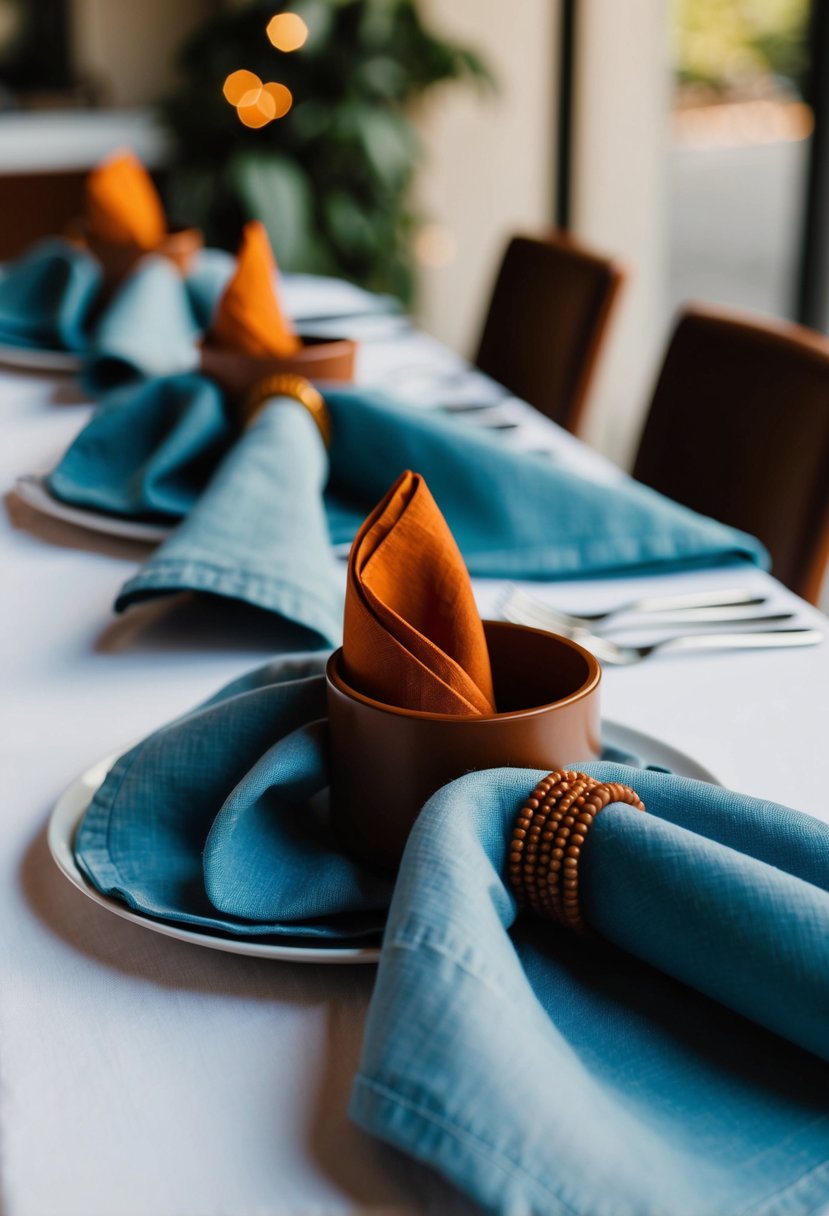 Dusty blue table linens with burnt sienna napkin rings arranged on a table