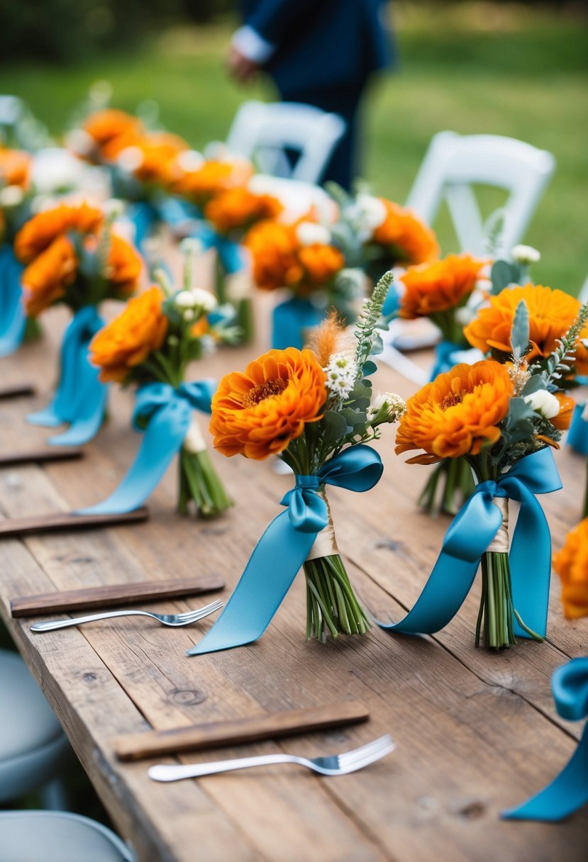 Burnt sienna boutonnières with dusty blue ribbons adorn a rustic wedding table