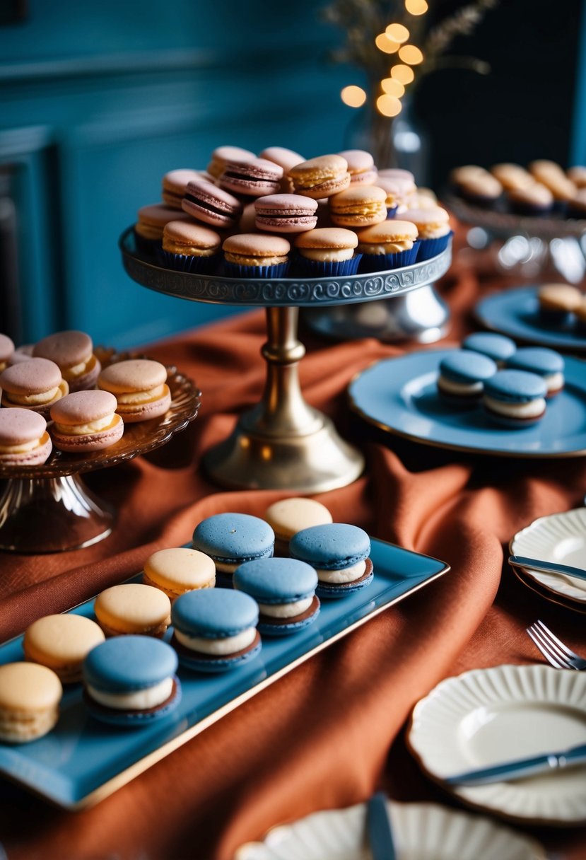 A dessert table adorned in dusty blue and burnt sienna, featuring macarons and cupcakes