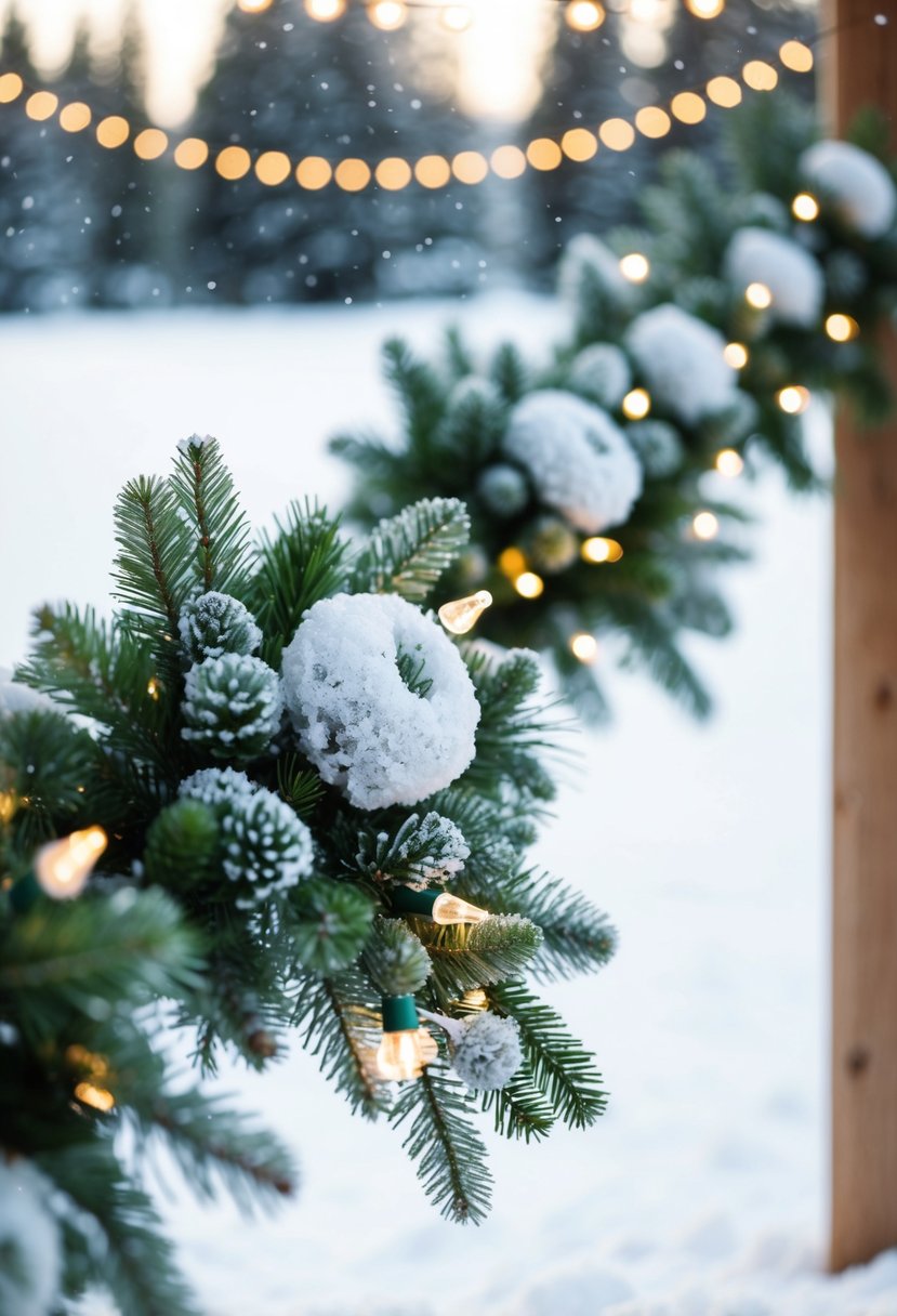 A snowy outdoor wedding scene with pine garlands, twinkling lights, and frosted floral arrangements