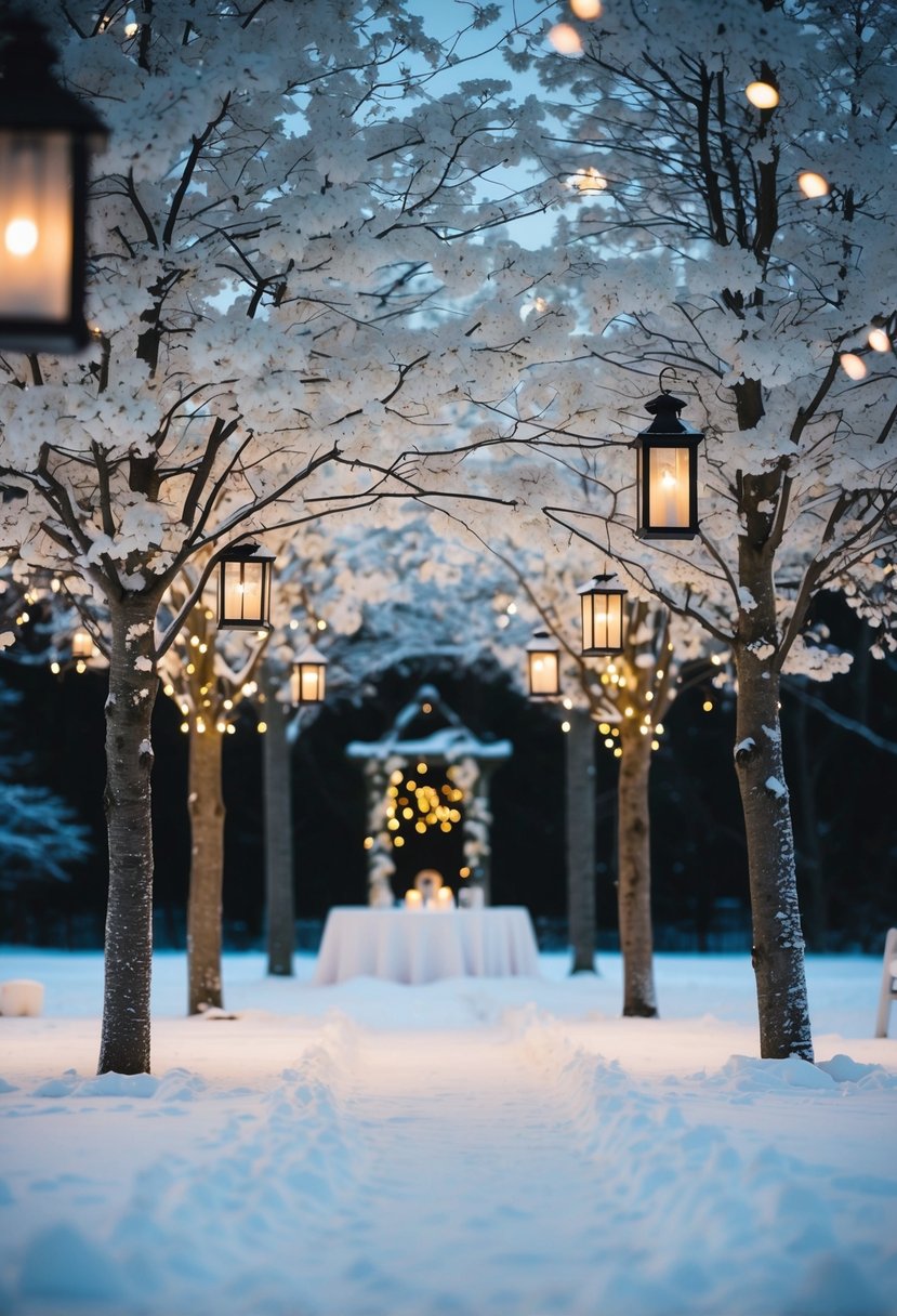 Snow-covered ground with white-flowered trees, lanterns, and twinkling lights creating a romantic winter wedding atmosphere