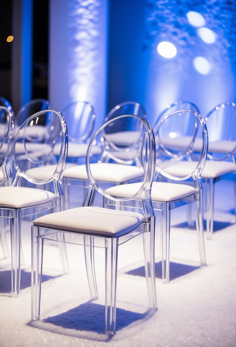 Clear lucite chairs arranged in a sleek, minimalist setting. Snowy white decor accents and cool blue lighting create a modern, icy aesthetic for a winter wedding