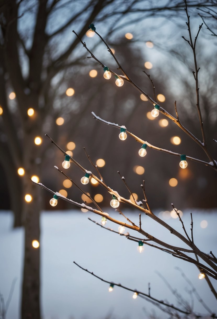 Bare winter branches adorned with twinkling fairy lights