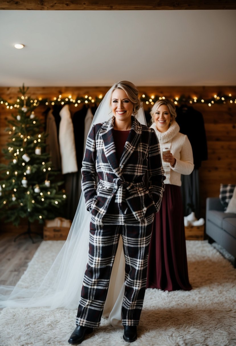 A cozy winter wedding scene with plaid getting-ready outfits and rustic decor