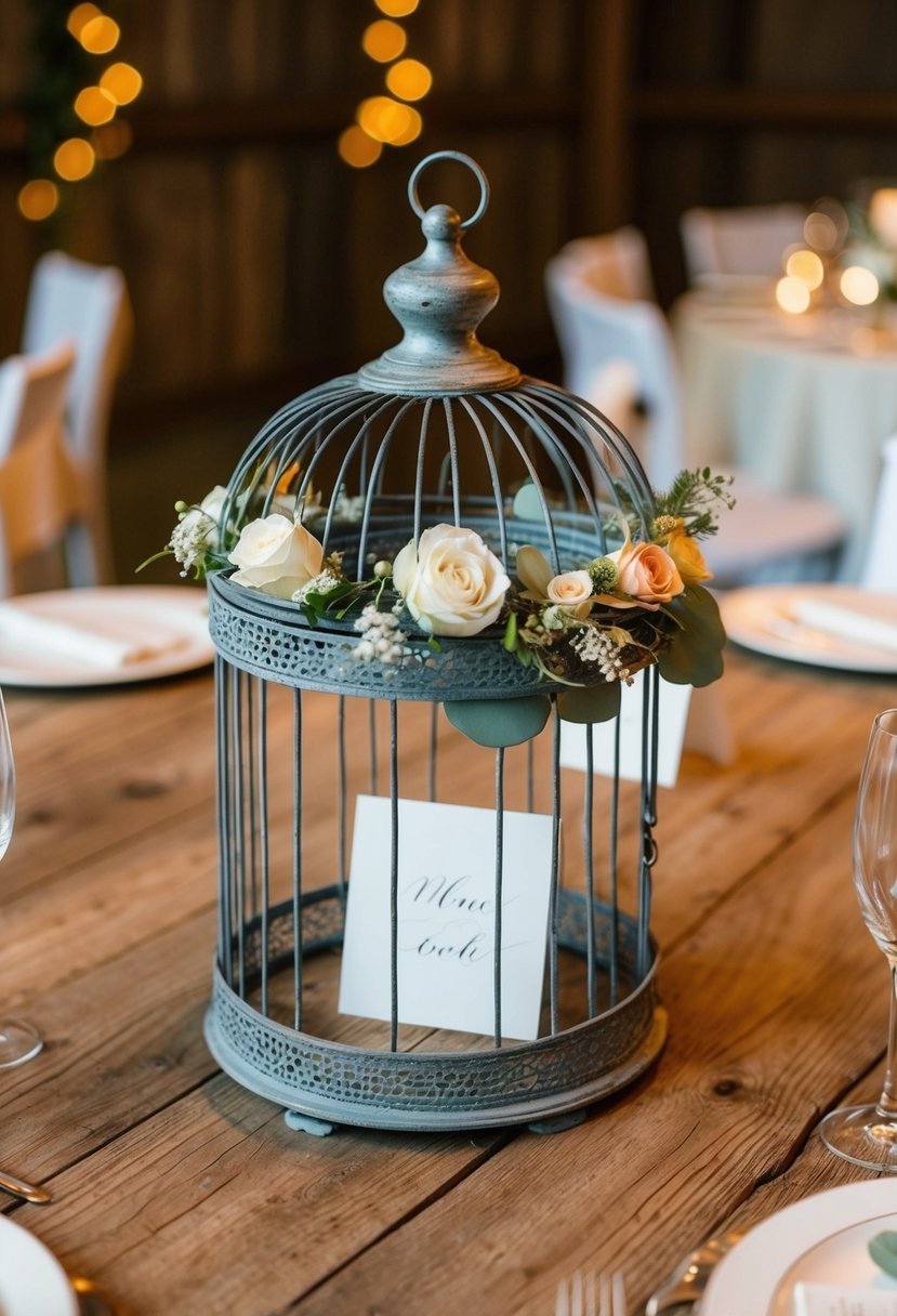 A vintage birdcage with floral accents holds place cards on a rustic wooden table at a wedding reception