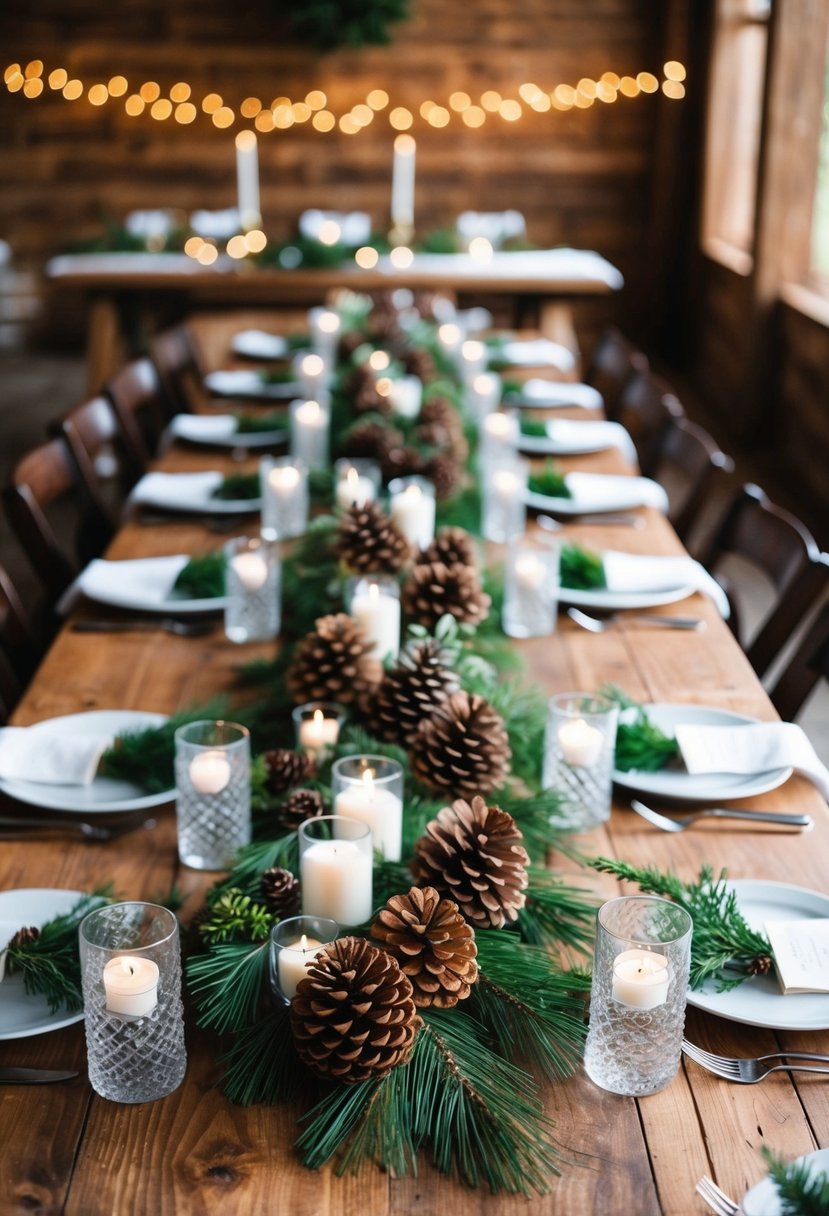 A rustic wooden table adorned with pinecones and greenery, serving as centerpieces for a winter wedding celebration