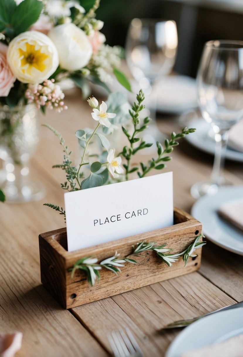 A rustic wooden place card holder adorned with delicate botanical elements such as flowers, leaves, and vines