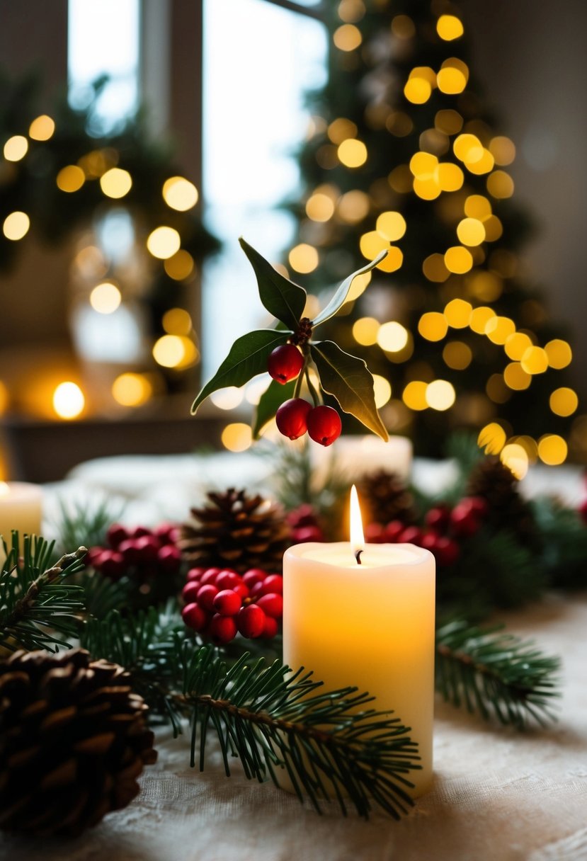 A cozy winter wedding scene with mistletoe decorations and soft candlelight