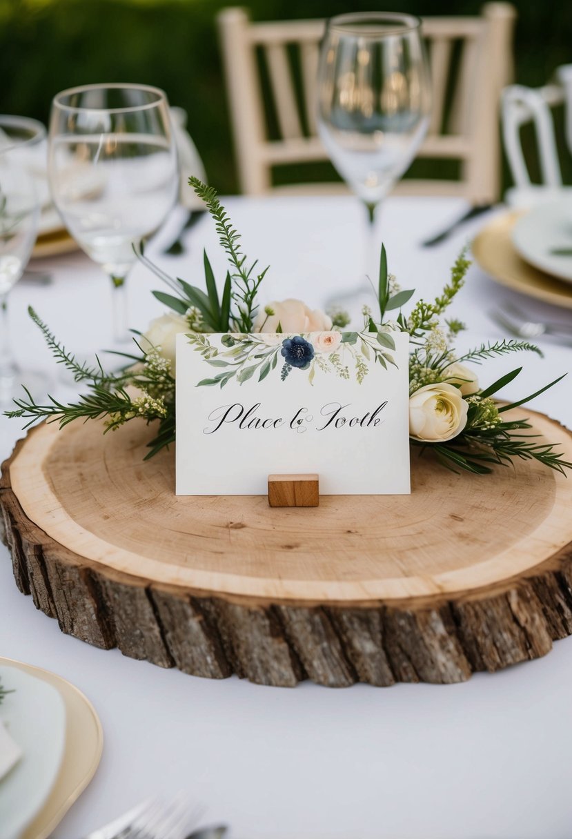 A rustic wooden slab with a raw edge, adorned with delicate floral and greenery accents, holds a place card for a wedding reception