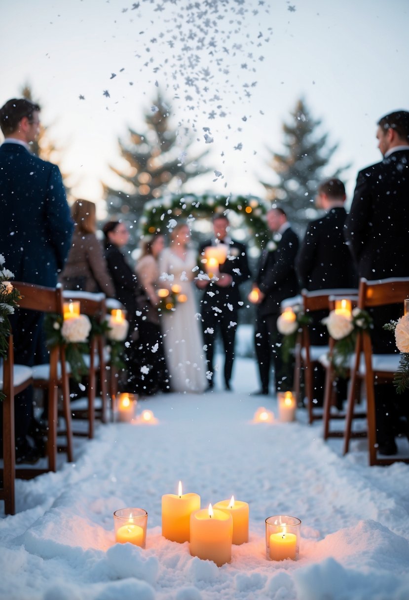 Snowflakes drift gently onto an outdoor ceremony. A warm glow emanates from candles nestled in the snow, creating a romantic and enchanting winter wedding setting