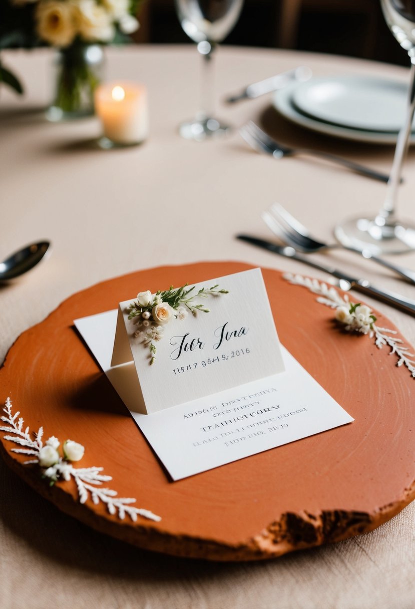 A terra-cotta slab rests on a table, holding a place card for a wedding. Delicate floral details adorn the edges, adding a touch of elegance to the rustic setting