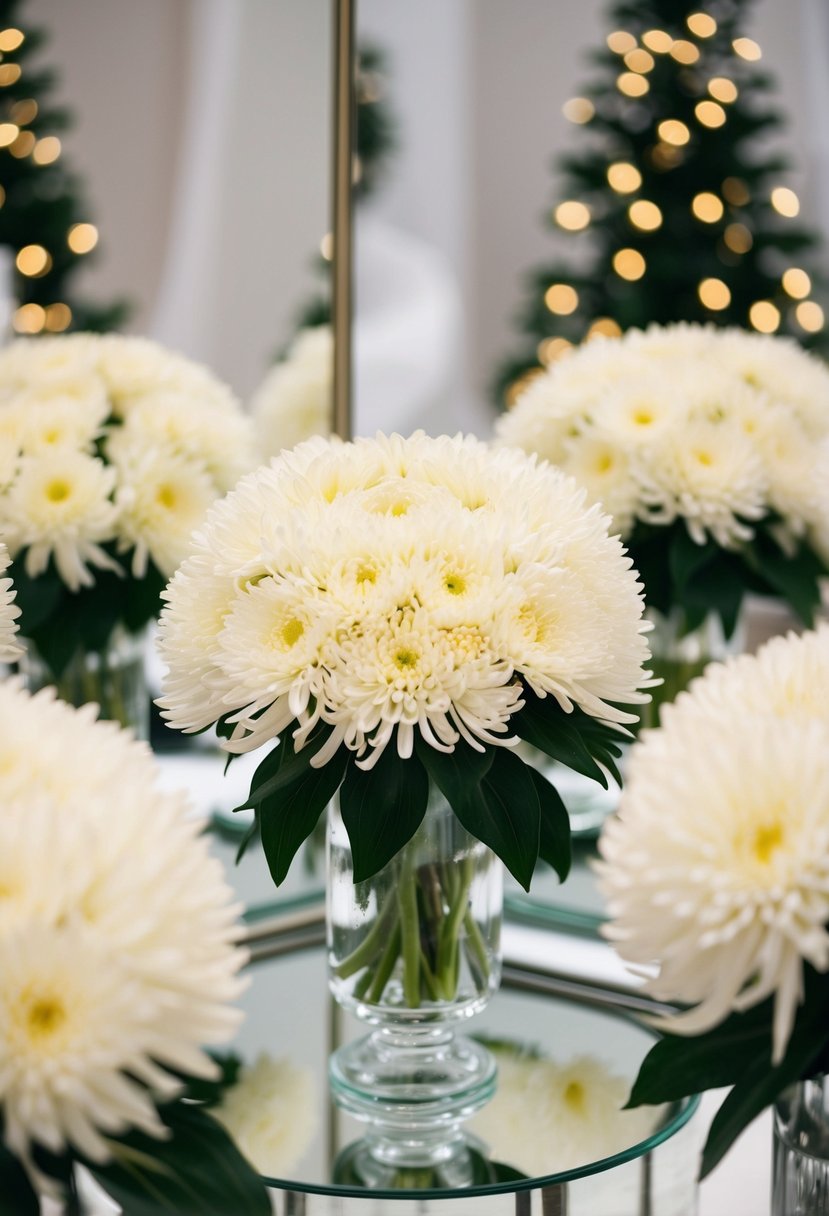 Round chrysanthemum flowers reflected in mirrors, creating a winter wedding decor scene