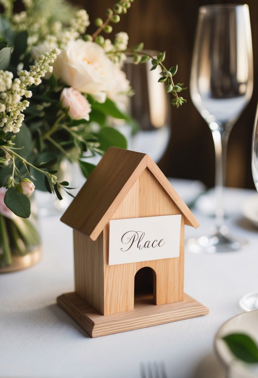 A wooden house-shaped place card holder sits on a table, adorned with delicate flowers and greenery, casting a romantic and rustic atmosphere