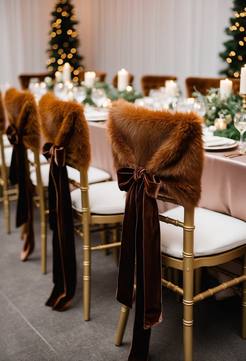 Brown fake fur draped over chairs, velvet ribbons tied around centerpieces, creating a cozy winter wedding atmosphere