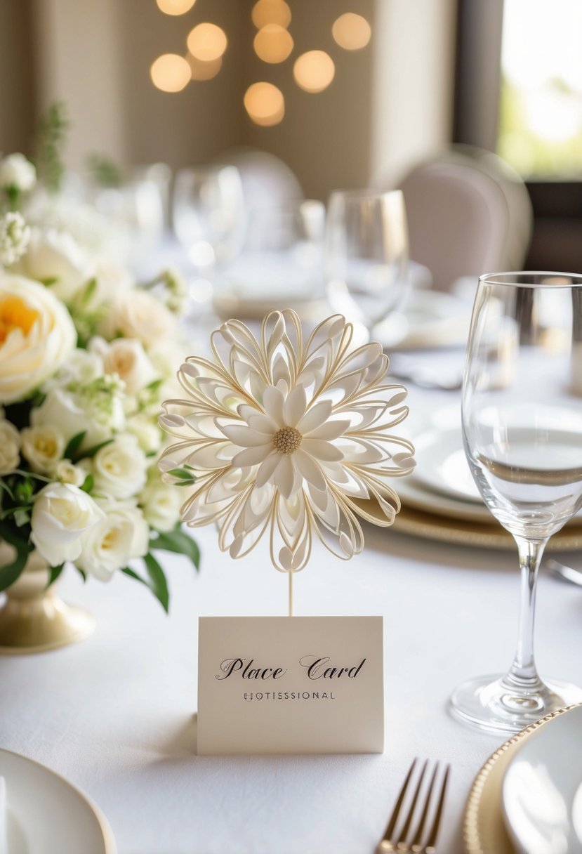 A delicate flower art place card holder sits on a table, surrounded by elegant wedding decor