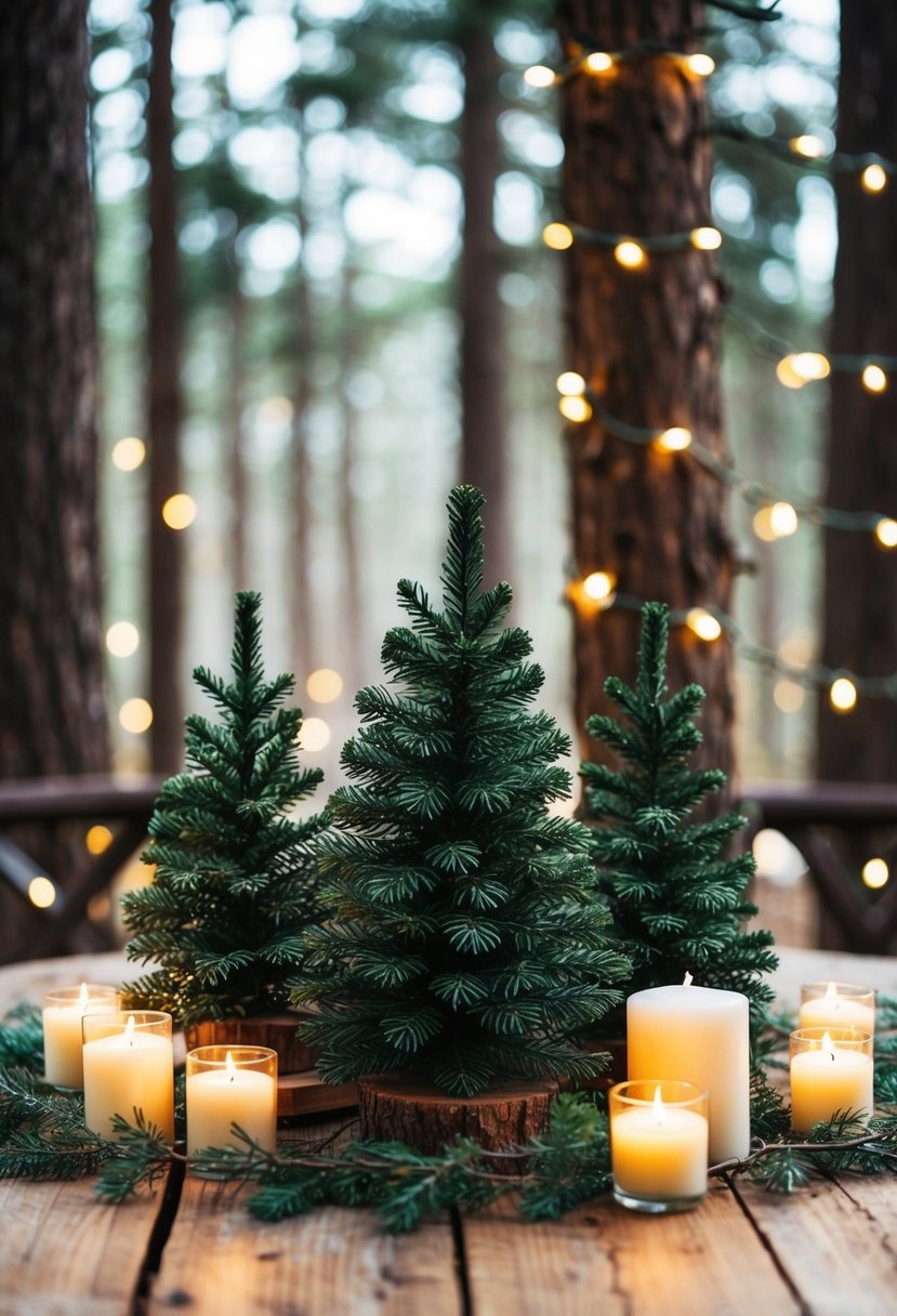 Mini pine trees arranged on a rustic wooden table with candles and fairy lights, creating a cozy woodland atmosphere for a winter wedding