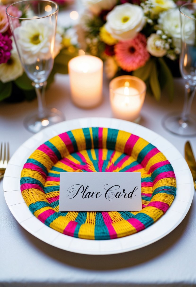 A paper plate woven with colorful yarn, holding a place card with elegant calligraphy, set against a backdrop of floral centerpieces and soft candlelight