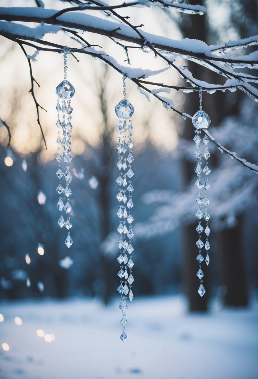 Glistening crystals hang from icy branches in a winter wonderland, creating a magical and elegant wedding decor