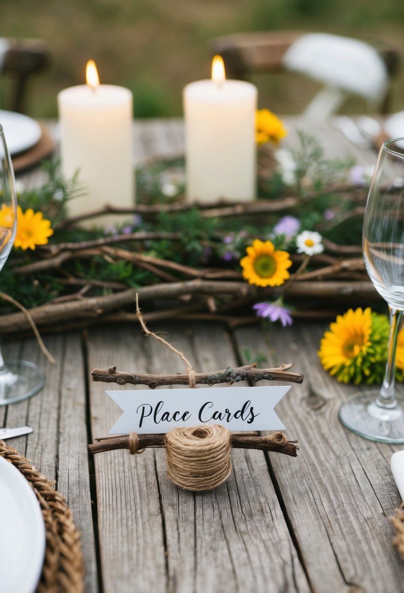 A rustic wooden table with twigs and twine place card holders, surrounded by wildflowers and candles