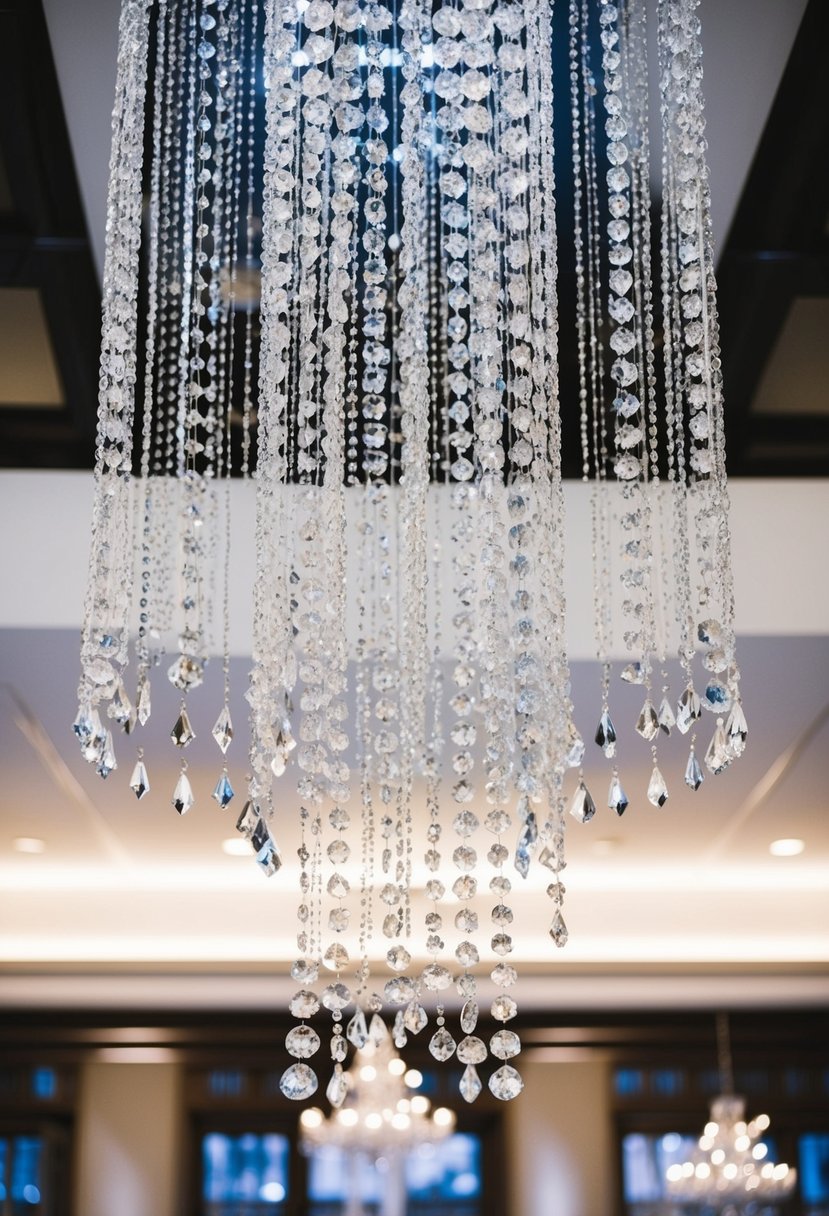 A winter wedding scene with crystal drapery cascading from the ceiling, creating an elegant and chic atmosphere