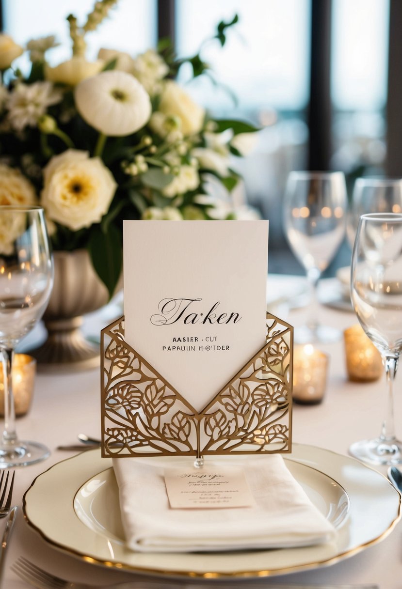 A laser-cut napkin holder place card stands on a beautifully set wedding table, surrounded by elegant tableware and floral centerpieces