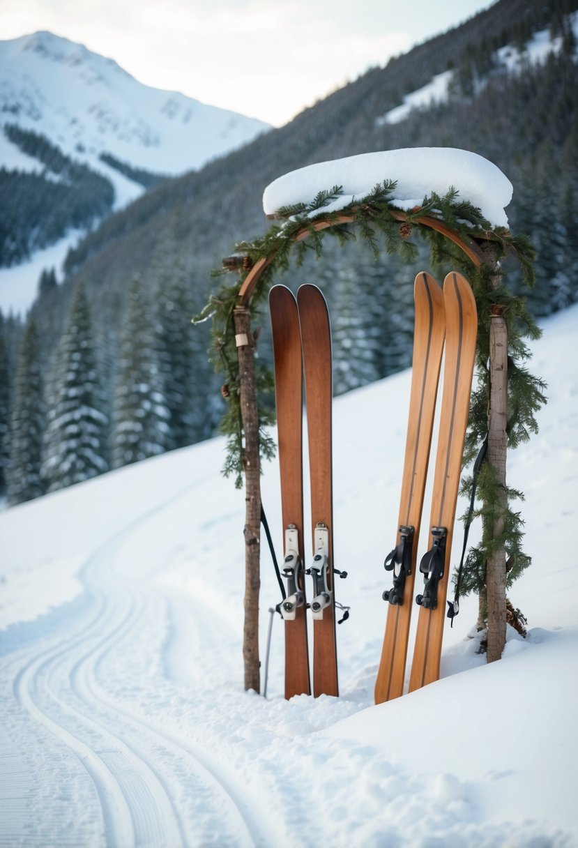 A snowy mountain slope with ski tracks, a rustic wooden arch adorned with pine boughs, and a pair of vintage wooden skis leaning against a snow-covered tree