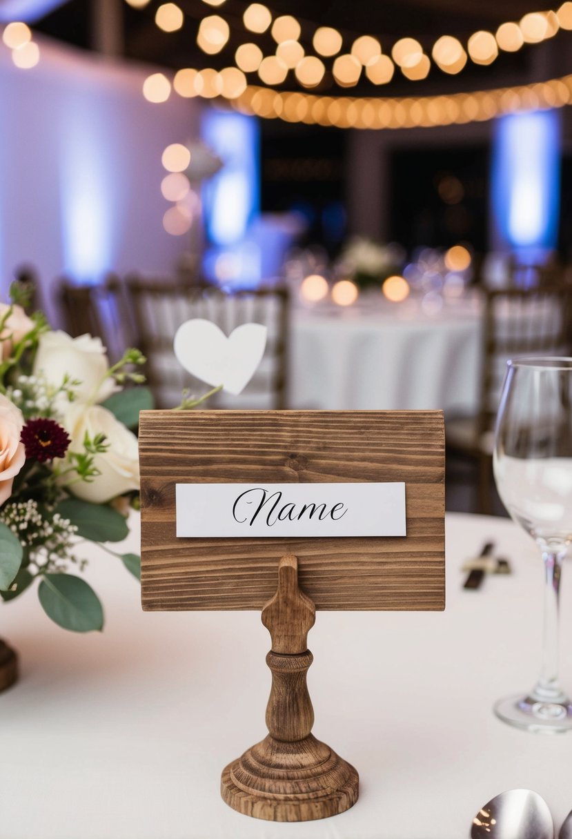 A rustic wooden name place card holder stands on a table with floral decor for a wedding reception