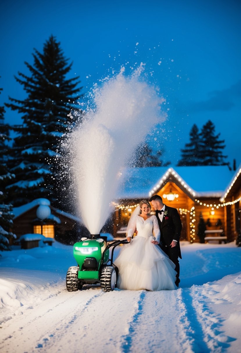 A snow machine sprinkles a blanket of white over a whimsical winter wedding scene, creating a magical exit for the newlyweds