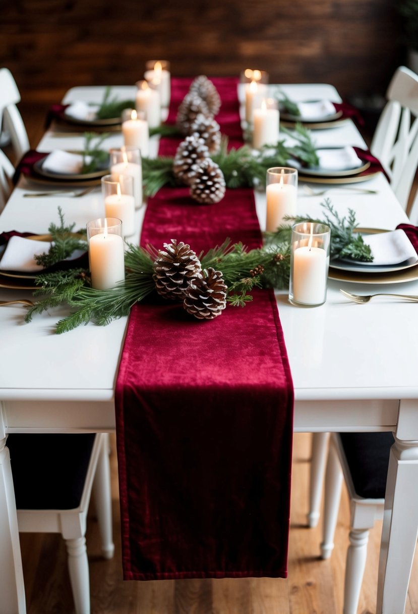 A long, rich velvet table runner drapes over a white table, adorned with winter-themed decor such as pinecones, evergreen branches, and twinkling candles