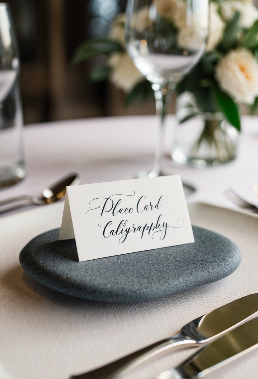 A smooth, flat rock with elegant calligraphy sits atop a table, serving as a unique and natural place card holder for a wedding