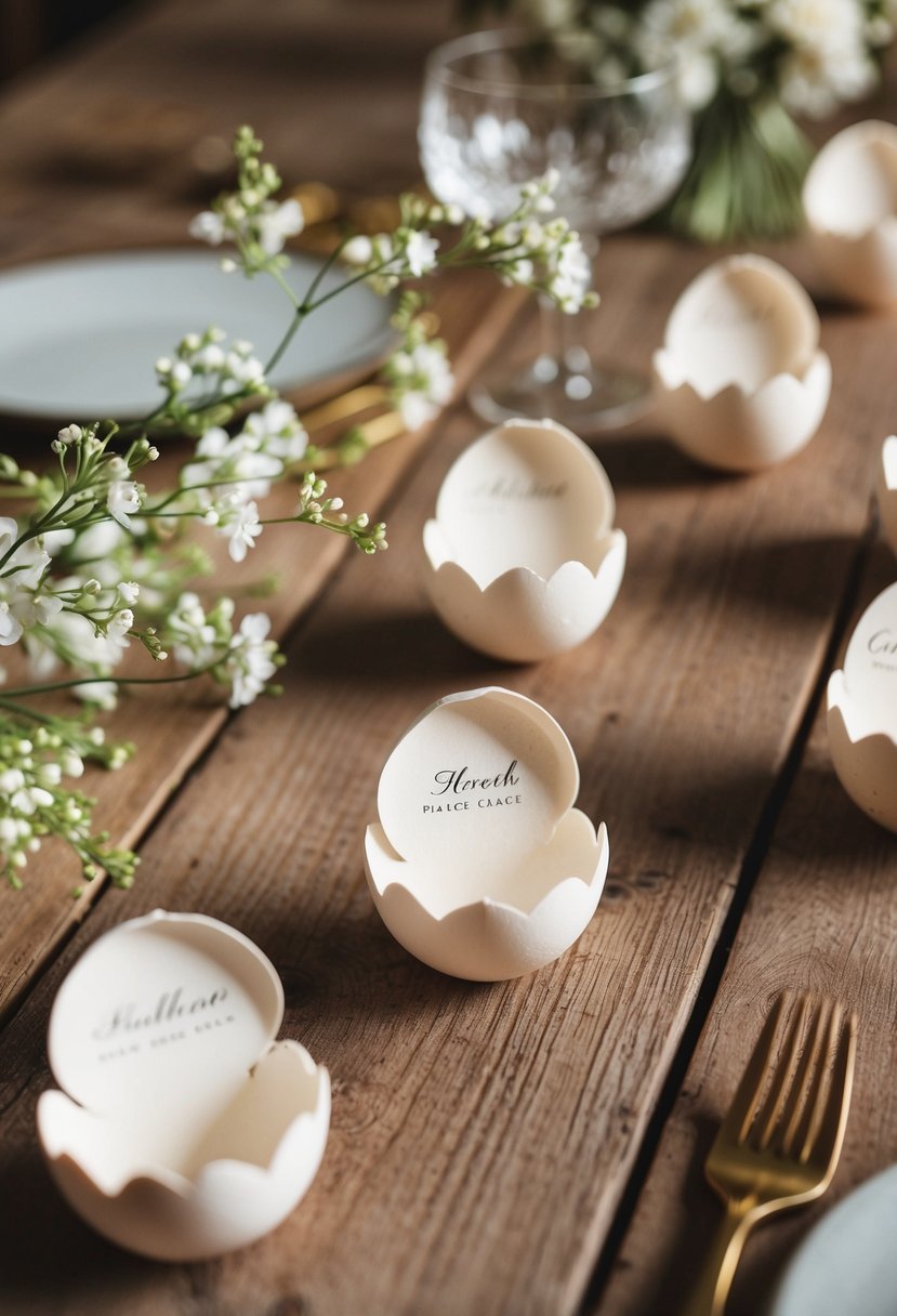 Eggshell place cards arranged on a rustic wooden table with delicate floral decor