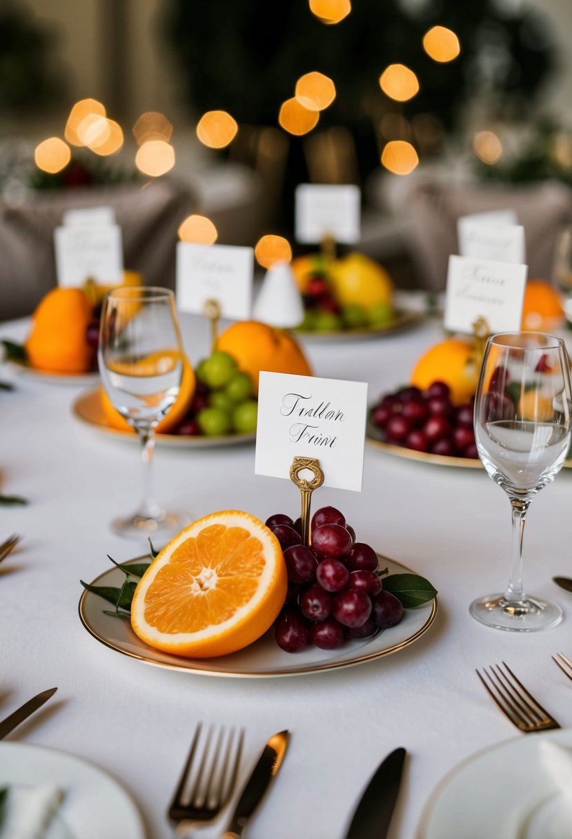 A table set with elegant place card holders featuring fruit tags for a wedding reception