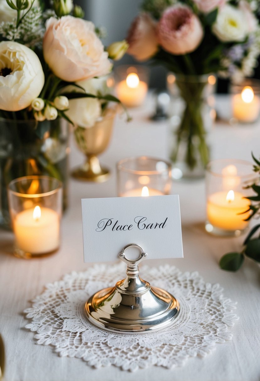 A silver place card holder sits on a white lace tablecloth, surrounded by delicate floral centerpieces and glowing candlelight