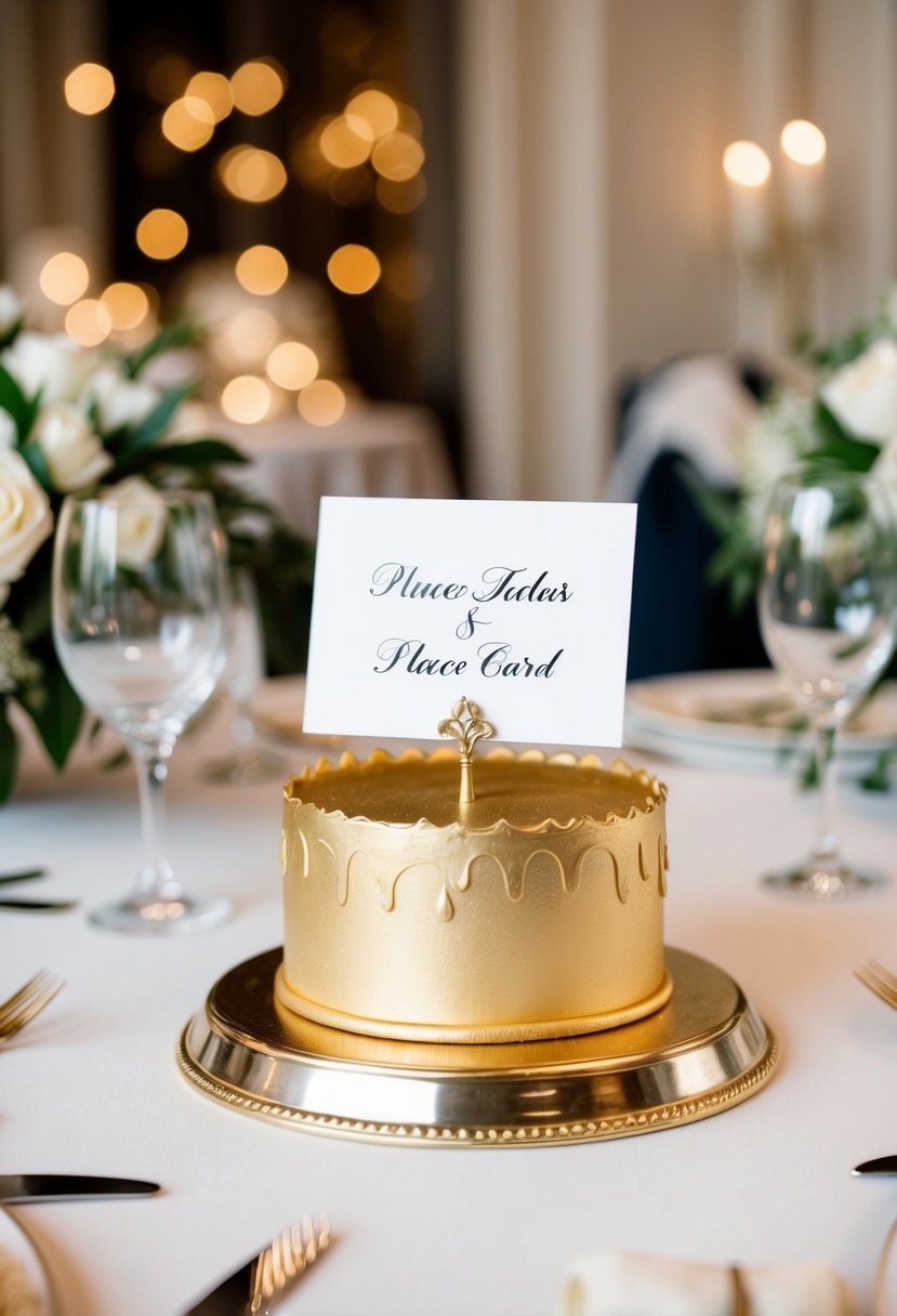 A gold cake-shaped place card holder stands on a table, surrounded by elegant wedding decor