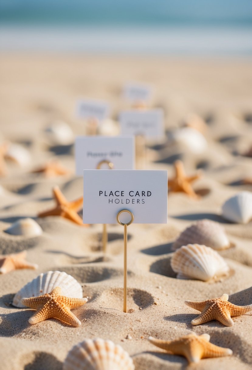 A sandy beach with shells and starfish scattered around, a gentle breeze blowing through the air, and a row of place card holders standing upright in the sand