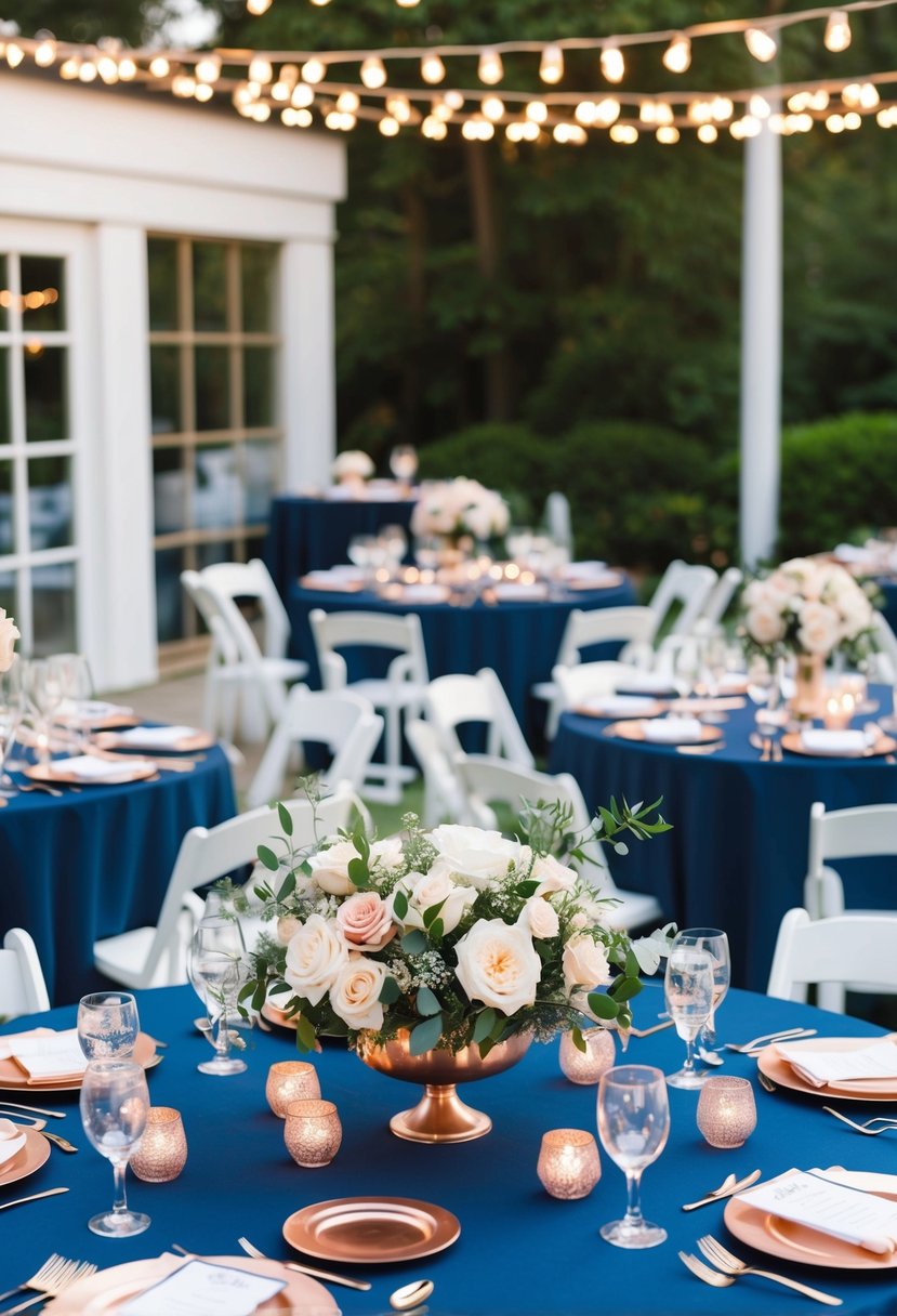 A navy blue and rose gold wedding scene with elegant table settings, floral centerpieces, and twinkling string lights