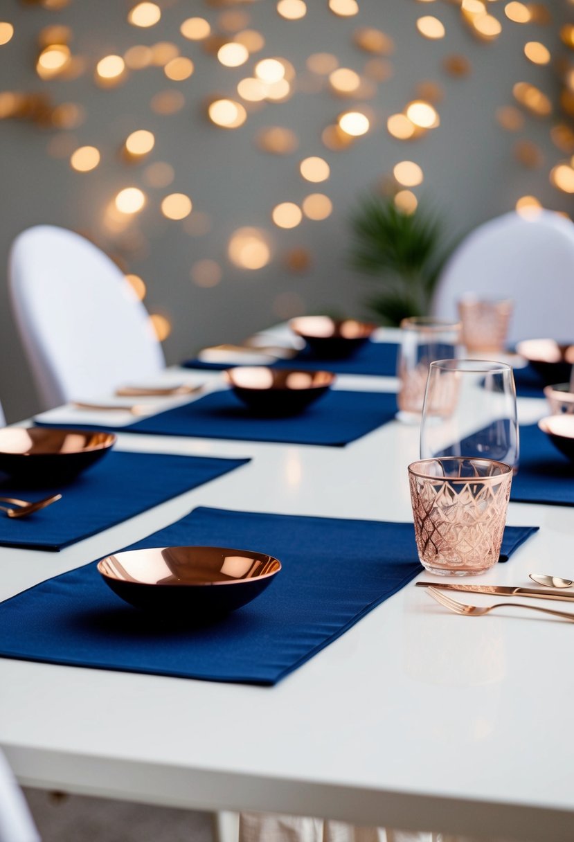 Navy blue table runners with rose gold cutlery on a white table