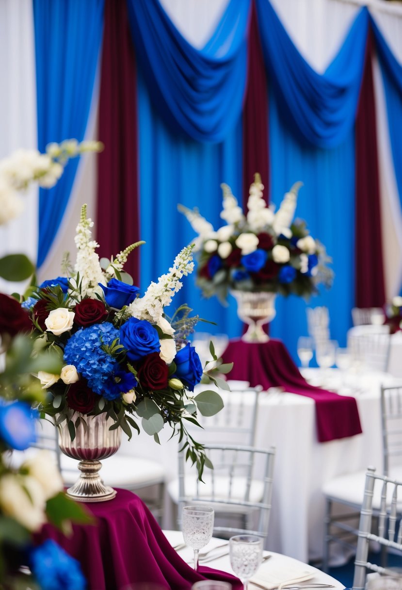 A blue and burgundy wedding scene with floral centerpieces and draped fabric