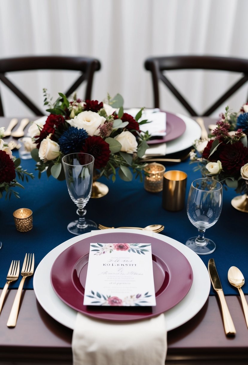 A romantic table setting with burgundy and navy accents, featuring elegant floral arrangements and coordinating stationery