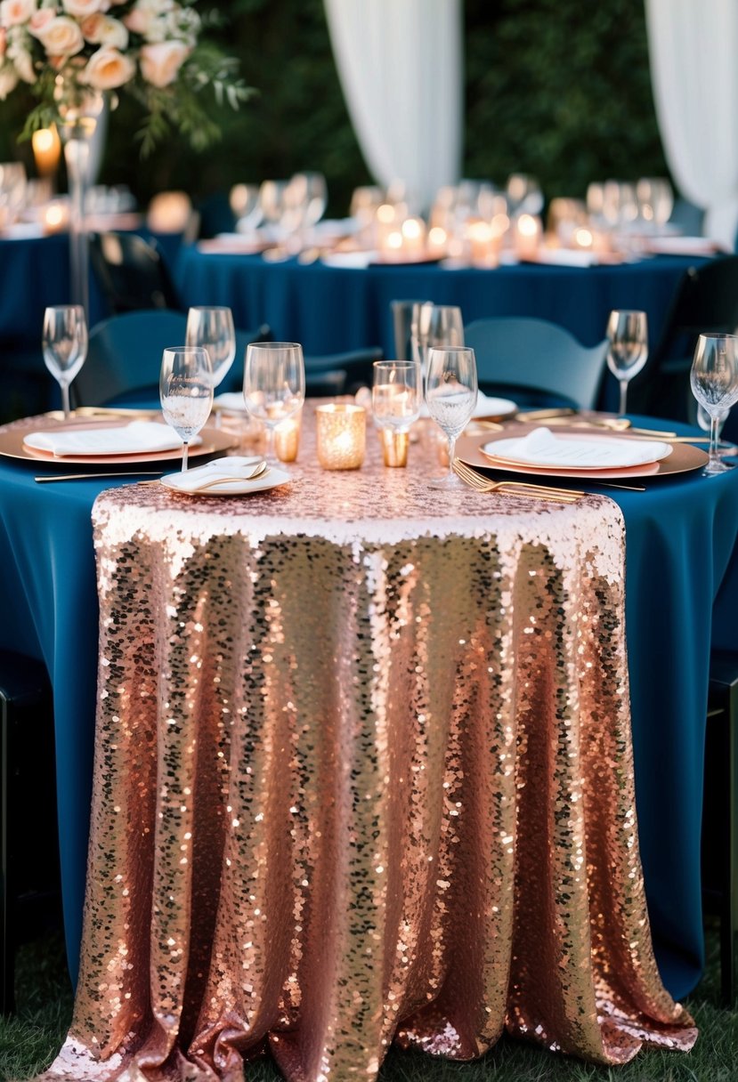 A navy blue and rose gold wedding table adorned with shimmering rose gold sequin tablecloths, creating a glamorous and elegant atmosphere