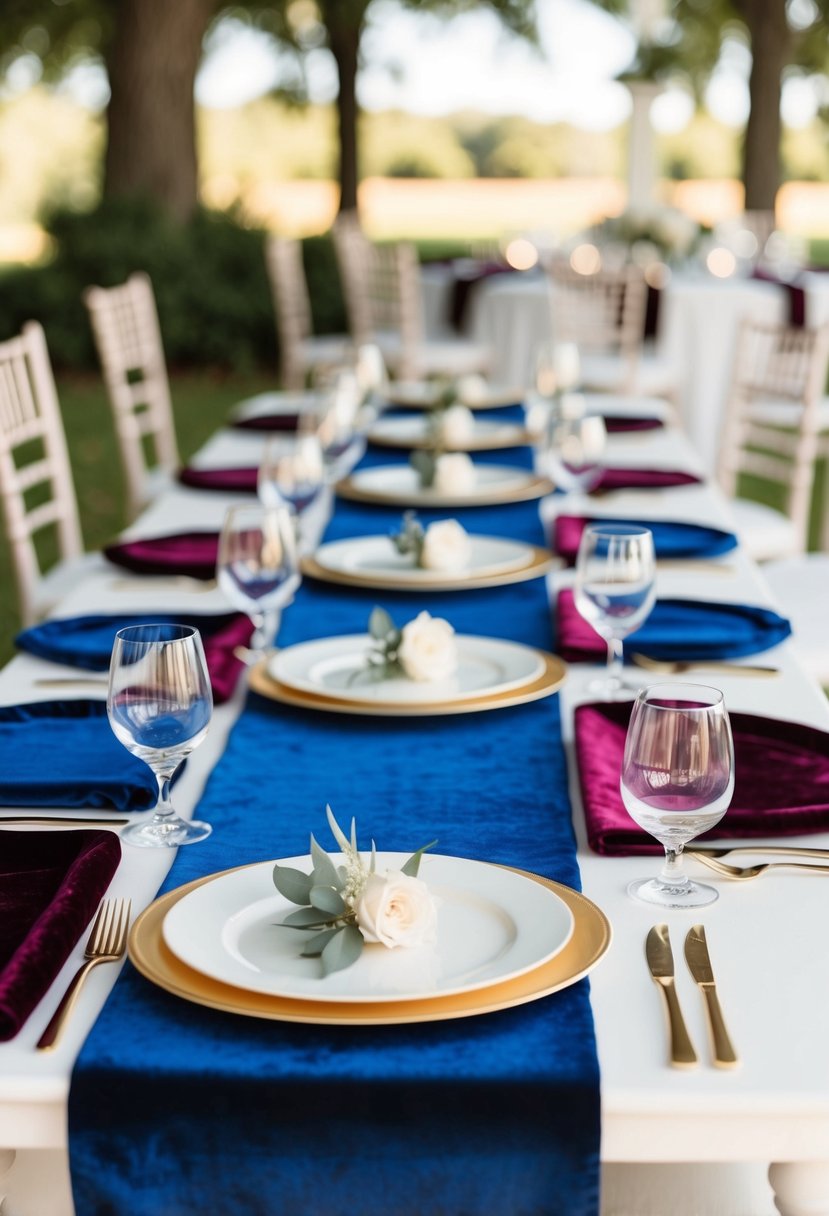 A table set with blue and burgundy vintage velvet runners, adorned with elegant wedding decor