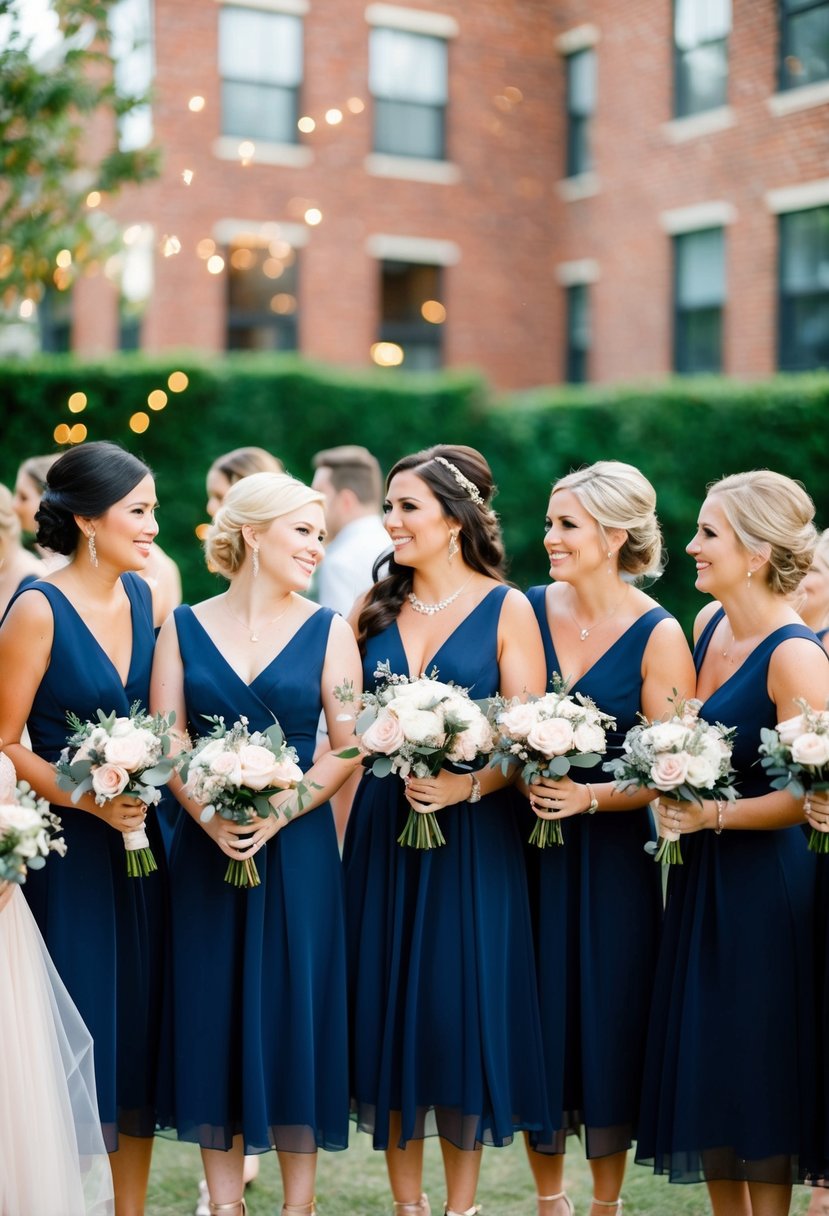 Navy blue bridesmaid dresses with rose gold accessories in a wedding party setting